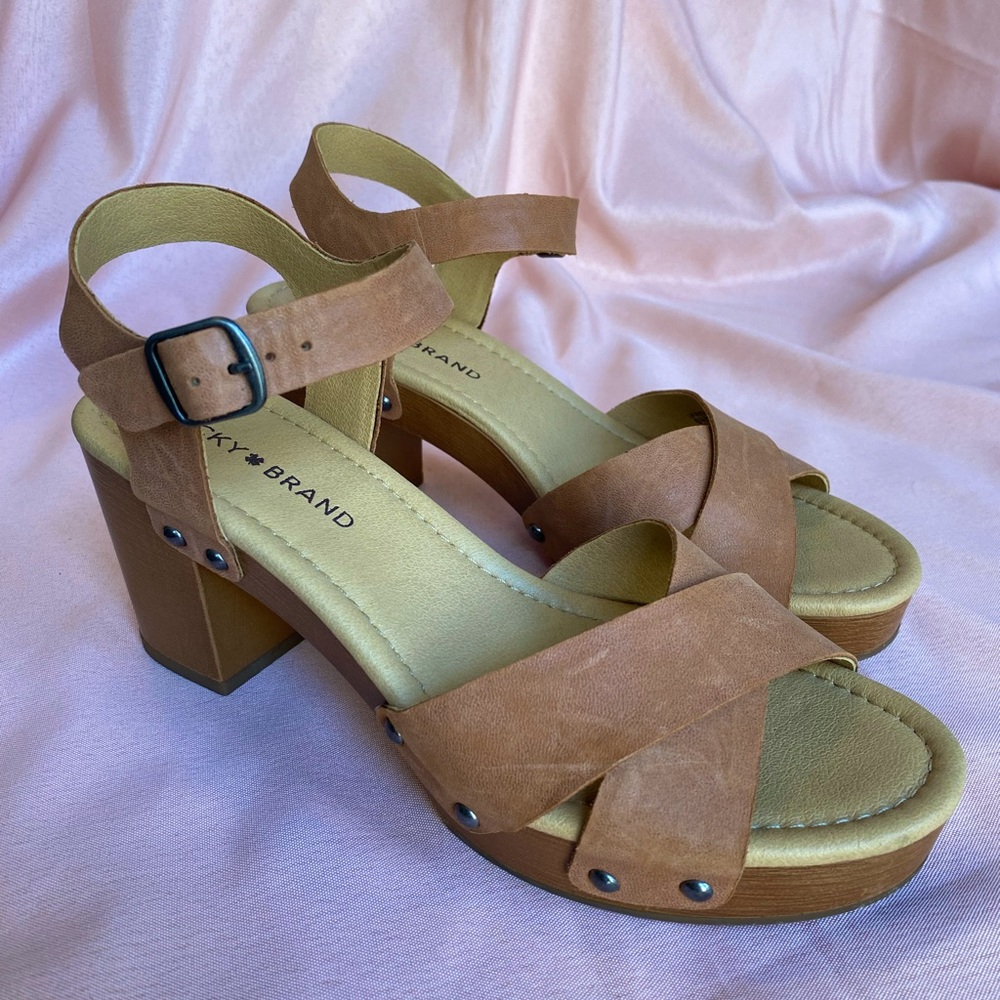 LUCKY BRAND HAIDLEE BROWN LEATHER STRAPPY BLOCK HEEL SANDALS